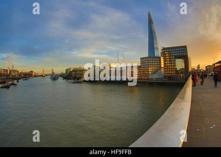 Fish eye lens view of The Shard and The River Thames, London Stock Photo