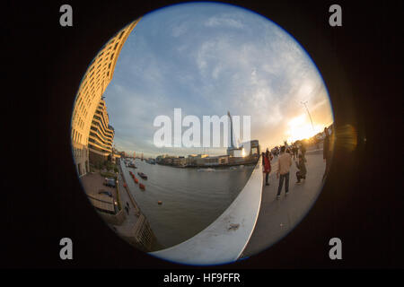 Fish eye lens view of The Shard and The River Thames, London Stock Photo