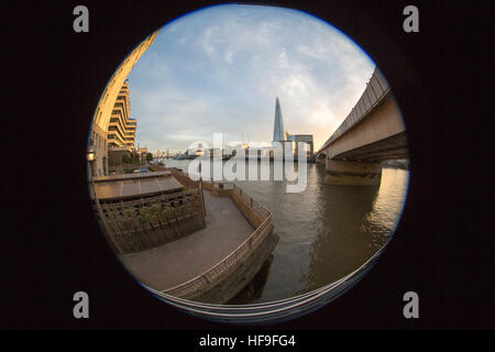 Fish eye lens view of The Shard and The River Thames, London Stock Photo