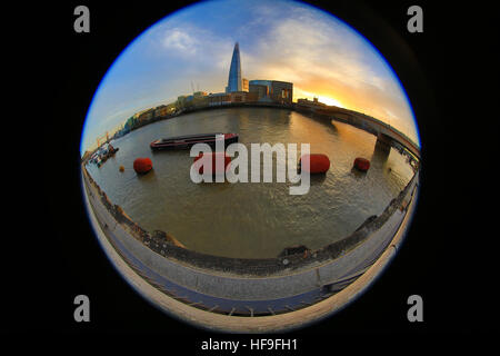 Fish eye lens view of The Shard and The River Thames, London Stock Photo