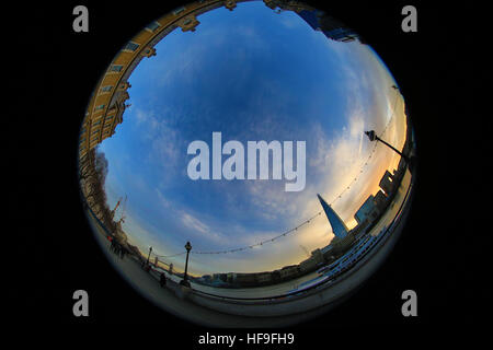 Fish eye lens view of The Shard and The River Thames, London Stock Photo