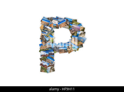 Letter P uppercase font shape alphabet collage made of my best landscape photographs. Version 3. Stock Photo