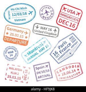 Big set of International travel visa stamps isolated on white. Arrivals sign rubber stamps. Stock Vector