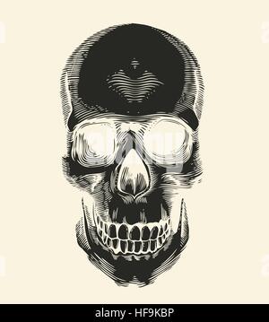 Human skull silhouette drawn in vintage engraving or woodcut style, front view. Symbol of death and horror. Monochrome vector illustration for label, postcard, banner, tattoo, logo, T-shirt print. Stock Vector