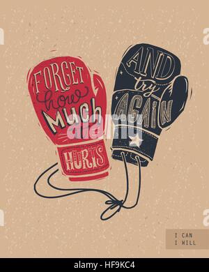 Silhouette of boxing gloves with handwritten lettering inside and craft paper background. Fight  struggle concept. Vector illustration in vintage style for motivational poster, postcard, banner. Stock Vector