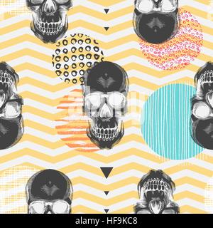 Kitschy seamless pattern with sugar skulls, multicolored circles of different textures, orange and white zigzag lines on background. Vector illustration in pop art style for fabric print, wallpaper. Stock Vector