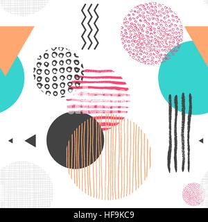 Geometric seamless pattern with circles, triangles and lines of different color, trendy abstract background. Vector illustration in 1990s style for wallpaper, backdrop, wrapping paper, textile print. Stock Vector