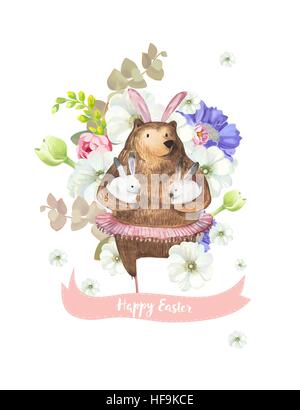 Happy Easter greeting card with bunch of beautiful spring flowers on background and funny bear in ballet tutu holding two little white rabbits. Vector illustration for banner, postcard, invitation. Stock Vector