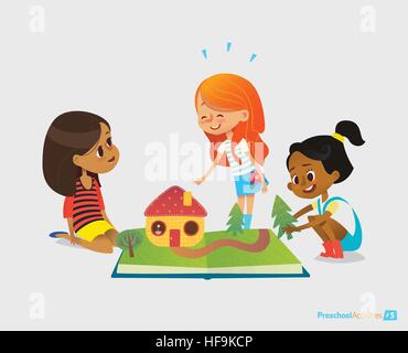 Three young smiling girls sit on floor, talk and play with pop-up book. Children s entertainment  preschool educational activity concept. Vector illustration for website banner, advertisement. Stock Vector