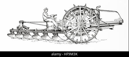 An early 20th century tractor drawn furrow plough. From Meyers Lexicon, published 1924. Stock Photo