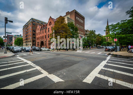 Crosswalks and intersection along Newbury Street in Back Bay, Boston, Massachusetts. Stock Photo