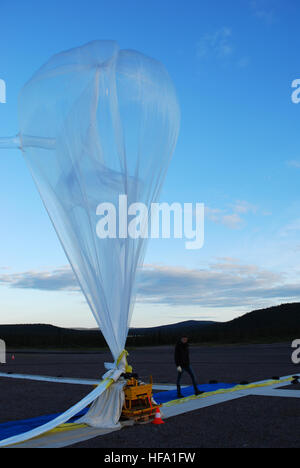 NASA's BARREL (Balloon Array for Radiation Belt Relativistic Electron) mission conducted research in Sweden, studying Earth's radiation belts and space weather. Instruments on high-altitude balloons collected data on relativistic electrons, solar wind interactions, magnetospheric dynamics, and cosmic rays, contributing to scientific understanding of Earth's magnetosphere, atmospheric effects, and space-based environmental monitoring for future space weather prediction. Stock Photo