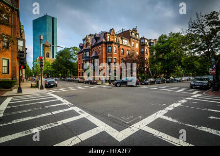 Intersection and historic buildings in Back Bay, Boston, Massachusetts. Stock Photo