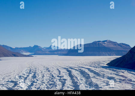 Ice flow in the McMurdo Dry Valleys in Antarctica, as seen on November 11, 2016, by U.S. Secretary of State John Kerry while he conducted a helicopter tour of U.S. research facilities around Ross Island and the Ross Sea, and visited the McMurdo Station in an effort to learn about the effects of climate change on the Continent. Stock Photo