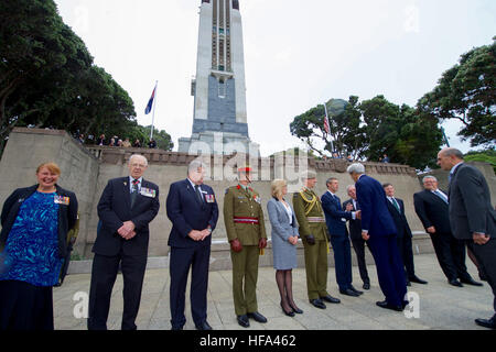 U.S. Secretary of State John Kerry shakes hands with a group of dignitaries on November 13, 2016, as he arrives at the Pukeahu National War Memorial Park at Anzac Square in Wellington, New Zealand, to lay a wreath at the Tomb of the Unknown Warrior, present U.S. medals to members of New Zealand’s armed forces who served alongside American troops, and to dedicate the site of a new U.S. memorial in the park. Stock Photo