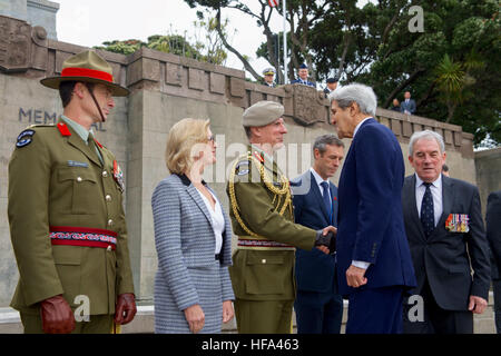 U.S. Secretary of State John Kerry shakes hands with a group of dignitaries on November 13, 2016, as he arrives at the Pukeahu National War Memorial Park at Anzac Square in Wellington, New Zealand, to lay a wreath at the Tomb of the Unknown Warrior, present U.S. medals to members of New Zealand’s armed forces who served alongside American troops, and to dedicate the site of a new U.S. memorial in the park. Stock Photo