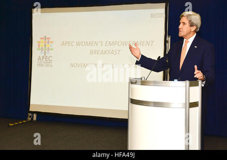 U.S. Secretary of State John Kerry delivers remarks at the Asia-Pacific Economic Cooperation (APEC) Women's Empowerment Breakfast in Lima, Peru, on November 18, 2016. Stock Photo