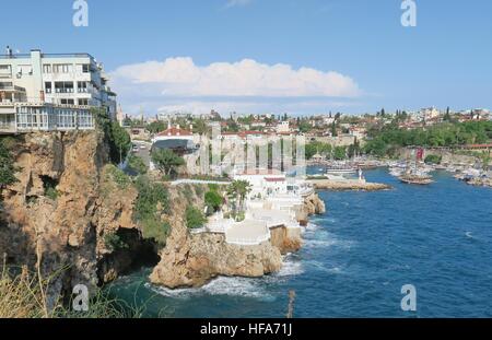 Antalya-Kaleici: Harbour and the old City Walls with the Mediterranian Sea, in Turkey Stock Photo