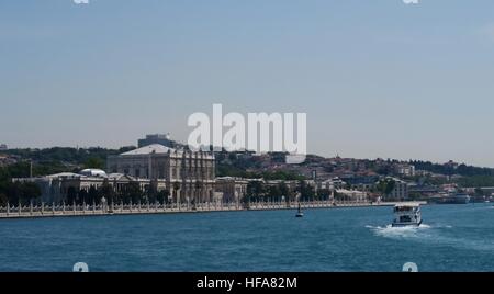 Dolmabahce Palace, Boshporus Bridge and a Ferry, as seen from Istanbul Oldtown Sultanahmet, Turkey Stock Photo