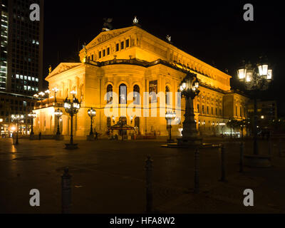 Alte Oper in Frankfurt am Main Hesse Germany, elaborate light setting enhances the elegant building, now used for concerts Stock Photo