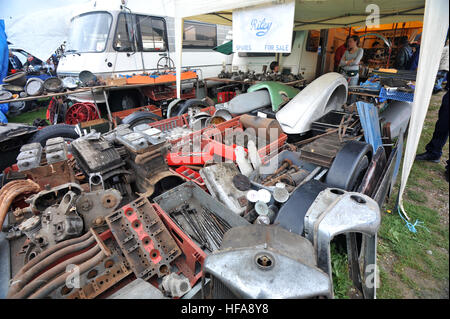 Classic car owners look through stalls of rare parts and automobilia at Beaulieu Autojumble Stock Photo