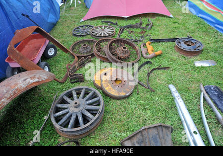 Classic car owners look through stalls of rare parts and automobilia at Beaulieu Autojumble Stock Photo