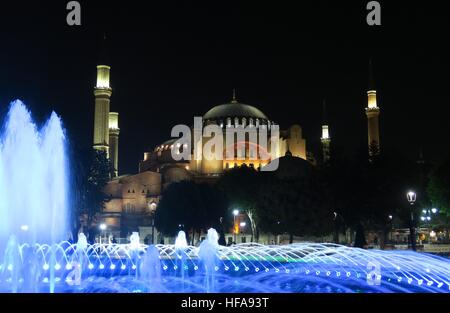Fountain in front of Hagia Sophia Museum at Night, in Istanbul, Turkey Stock Photo
