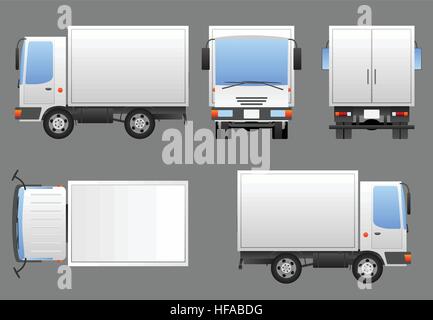 White delivery truck prepared for branding in four views - left, front, rear, top and right. Each view is a separate group. Vector image contains no m Stock Vector