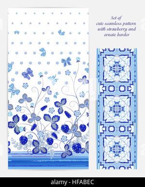 Set of seamless vector vertical pattern with Decorative blue  strawberry and butterfly ornament and ornate border on white background. Hand drawn texture for clothes, bedclothes, card design etc. Stock Vector