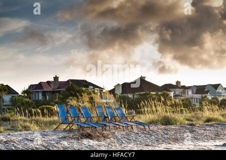 Beach chairs ready for tourists on Isle of Palms at Wild Dunes resort near Charleston, South Carolina. Stock Photo