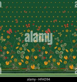 Vertical Seamless spring dark floral pattern with orange strawberries and flowers and red butterflies on dark green background Stock Vector