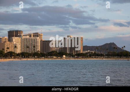 A view of hotels in Waikiki from Ala Moana beach park in Honolulu. Stock Photo