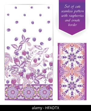Set of violet raspberries seamless vertical floral design and ornate border. The border can be used as an independent seamless pattern. Use fabric for dresses, bedding, web design, wallpaper etc Stock Vector