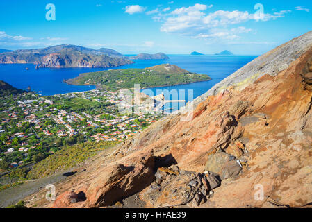 Porto di Levante and Vulcanello view, Aelolian Islands in the background, Vulcano Island, Aeolian Islands, UNESCO World Heritage Site, Sicily, Italy, Stock Photo