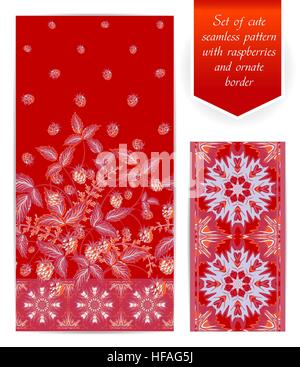 Summer seamless pattern with lilac raspberry leaves and berries on blue background. Ornate edging. Tape can be used as an independent seamless pattern. Use fabric clothing, bedding, wallpaper etc Stock Vector
