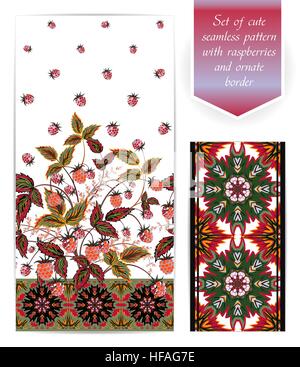 Summer seamless border template with raspberry leaves and berries. Ornate edging set. The border can be used as an independent seamless pattern. Use fabric clothing, bedding, web design, wallpaper etc Stock Vector