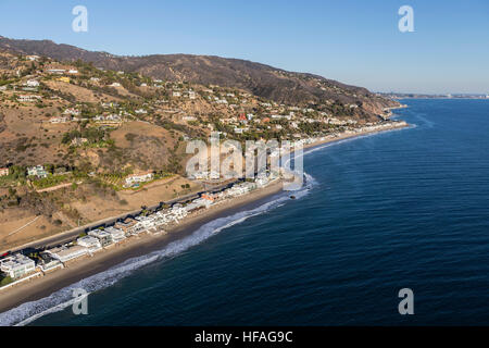 Aerial of Pacific coast homes and mountains in Malibu California. Stock Photo
