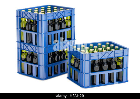 Plastic crates with beer bottles, 3D rendering  isolated on white background Stock Photo
