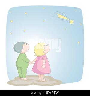 two children see a shooting star Stock Vector