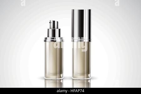 two white cosmetic containing bottles, one with cap and one without, 3d illustration Stock Vector