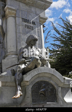 Sculpture of indigenous Ona  from Tierra del Fuego on Ferdinand Magellan monument in Plaza Munoz Gamero, Punta Arenas, Patagonia Stock Photo