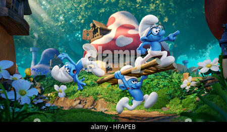 RELEASE DATE: April 7, 2017 TITLE: Smurfs: The Lost Village STUDIO: Columbia Pictures DIRECTOR: Kelly Asbury PLOT: In this fully animated, all-new take on the Smurfs, a mysterious map sets Smurfette and her friends Brainy, Clumsy and Hefty on an exciting race through the Forbidden Forest leading to the discovery of the biggest secret in Smurf history STARRING: Jack McBrayer voices Clumsy, Joe Manganiello voices Hefty and Danny Pudi voices Brainyr (Credit: © Columbia Pictures/Entertainment Pictures/ZUMAPRESS.com) Stock Photo