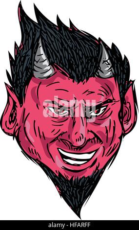 Drawing sketch style illustration of a demon, satan, devil or horned