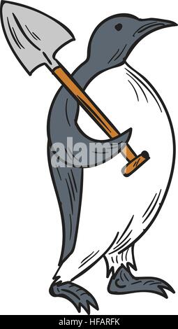 Drawing sketch style illustration of an emperor penguin holding shovel on shoulder viewed from the side set on isolated white background. Stock Vector