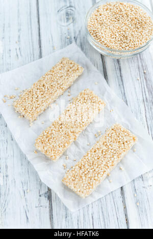 Some fresh made Quinoa Bars on vintage background (close-up shot Stock ...