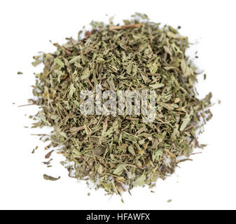 Dried Stevia leaves isolated on white background (close-up shot) Stock Photo