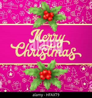 Gold texture glitter Xmas lettering on pink Christmas background with sleighs, trees, balls, gifts. Decoration for seasons greeting cards design with holly berry branches. Font vector illustration. Stock Vector