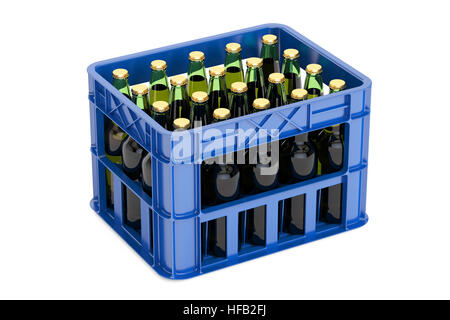 Crate full with beer bottles, 3D rendering isolated on white background Stock Photo