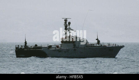 A starboard side view of the Israeli Dabar class (Coastal Patrol Craft) patrol boat PC 860 holding station in the Gulf of Aqaba off Eilat, Israel. Dabur cropped Stock Photo