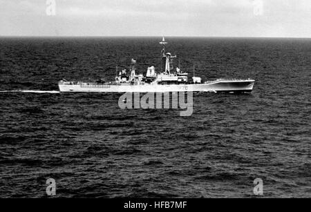 A starboard beam view of the British Leander class frigate HMS APOLLO (F 70) underway as seen from the bridge of the aircraft carrier USS AMERICA (CV 66) during Fleet Exercise 1-86.  An F-14A Tomcat aircraft from  Fighter Squadron 102 is about to be launched from a catapult in the foreground.  The aircraft is armed with an AIM-54 Phoenix missile. DN-SN-86-04161 Stock Photo